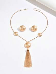 2 件简约百搭创意 Y 形项链和耳环套装，几何半球形圆形哑光金属链流苏吊坠项链和耳环套装，女士日常休闲派对首饰套装 - 金黃色 - 查看 3