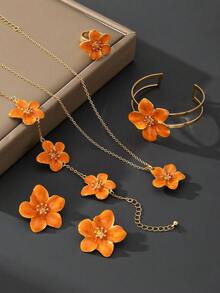 1 件夏季度假风格多巴胺手工滴油橙色 5 瓣花吊坠项链、1 对耳环、1 枚戒指、1 条手链、1 个手镯女士首饰套装（无礼品盒） - 橘色 - 查看 5