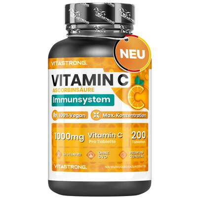 Vitastrong Vitamin C 1000 mg mit verzögerter Freisetzung – 200 Tabletten, 100 % vegan, reine Ascorbinsäure für Immunsystem, Knochen, Haut, Energie und Kollagen