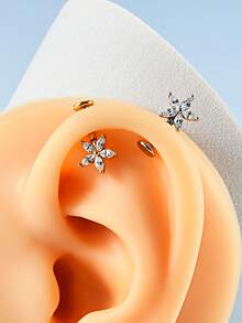 1 件不锈钢榄尖形花朵垂直柱耳轮穿孔皇冠/蝴蝶耳环耳钉身体穿孔首饰 - 如圖 - 查看 2