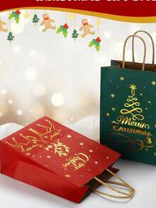 48 Christmas Gift Bags With Handles - Red And Green Reindeer And Christmas Tree Pattern, Large Foldable Wrinkle-Resistant Paper Party Gift Bags, Suitable For Holiday Shopping, Christmas Celebrations And New Year Events, Sturdy Paper Construction Christmas Bags