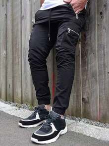 男士休闲多口袋户外工装裤，秋冬 - 黑色 - 查看 4