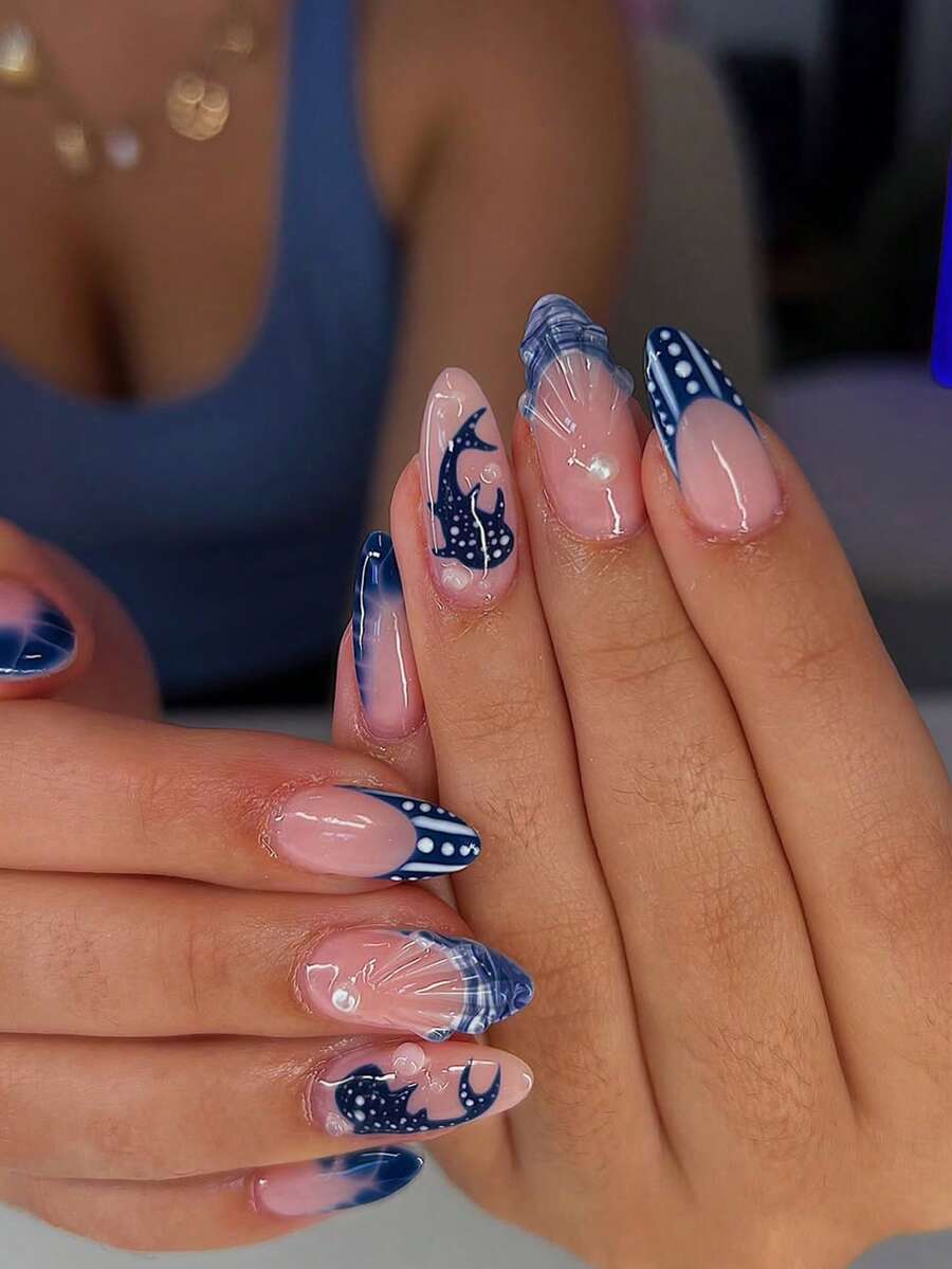 24片杏仁形3D凝胶美甲贴纸，鲸鱼图案，珍珠蓝法式贴片，完美搭配亚克力美甲套装，包含1瓶果冻凝胶和1把指甲锉，适合女性和女孩日常、工作、学习和派对美甲DIY用品。 - 彩色 - 查看 1