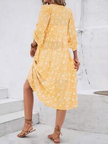 全印花繫頸圓弧袖連衣裙，時尚休閒日常穿著 - 黃色 - 查看 2