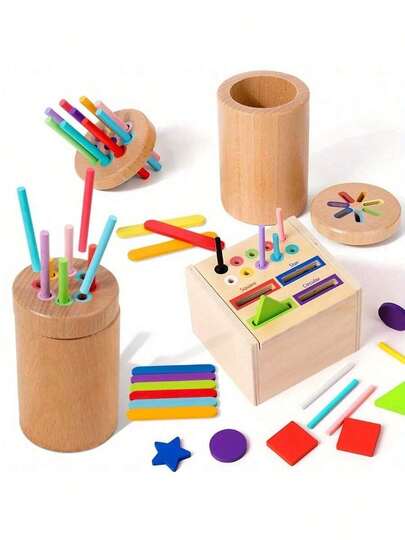 Palos de madera de colores para clasificar y contar, cajas: mejoran las habilidades motoras finas, la conciencia sensorial y el reconocimiento de colores