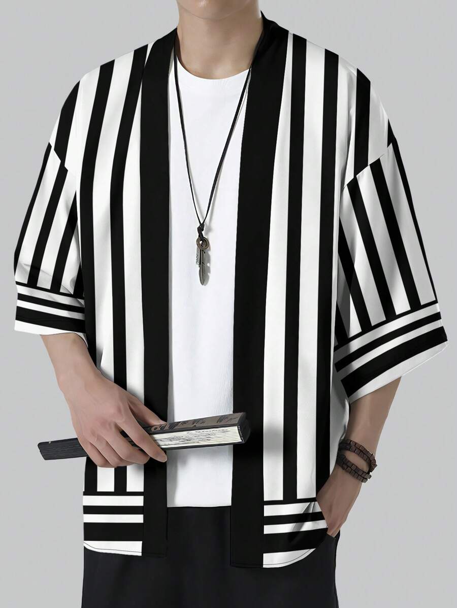 Men's Casual Chinese Style Striped Hanfu Cardigan, Summer Style