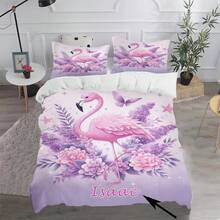 Juego de ropa de cama personalizado de 3 piezas, base morada con estampado de flamencos rosas, impresión de nombre personalizable, tela de poliéster, impresión digital, adecuado como regalo familiar de vacaciones para niñas - Multicolor - Ver 1