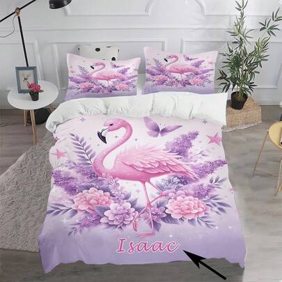 Juego de ropa de cama personalizado de 3 piezas, base morada con estampado de flamencos rosas, impresión de nombre personalizable, tela de poliéster, impresión digital, adecuado como regalo familiar de vacaciones para niñas
