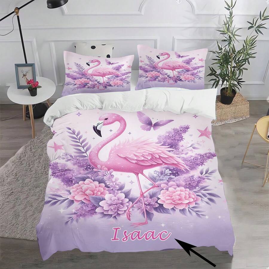 Juego de ropa de cama personalizado de 3 piezas, base morada con estampado de flamencos rosas, impresión de nombre personalizable, tela de poliéster, impresión digital, adecuado como regalo familiar de vacaciones para niñas - Multicolor - Ver 1