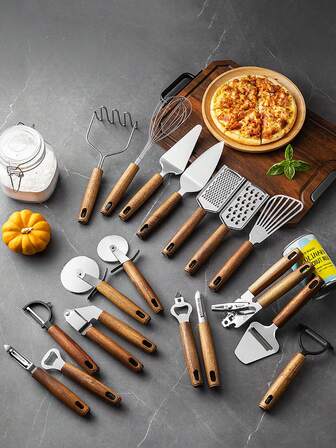 1pc Rosewood & Stainless Steel Kitchen Tool Set, Peeler, Can Opener, Whisk, Pizza Cutter, Cheese Slicer, Cooking & Baking Accessories