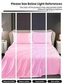 3/4pcs Satin Fitted Sheet Set, Bedding Set, Bed Sheets, Solid Color Bed Sheet Set, Pink Bedding Set, Mattress Cover Set, Skin-Friendly Bed Cover Set,  Soft And Comfortable Bedding, 1pc Flat Sheet, 1pc Fitted Sheet With 1/2pcs Pillowcase, Deep Pocket, For Single/Twin/Full/Queen/King Bed Sizes, Luxury Bedding, Machine Washable, Cool Touch For Sleeping, Perfect Valentine's Day Gift, Valentine's Day, Valentine's Gift - 粉色 - 查看 8
