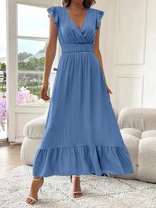 Vestido elegante informal con cuello en V y volantes para mujer,Vestido de vacaciones en la playa - Azul Marino - Ver 3