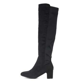 READY SALTED Women's Knee High Block Heel Pull On Boots Effect Faux Suede Smooth Faux Leather