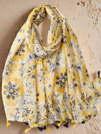 1 件彩色印花优雅柔软围巾/披肩，女士百搭头巾，叶子图案，适合春、夏、秋、冬