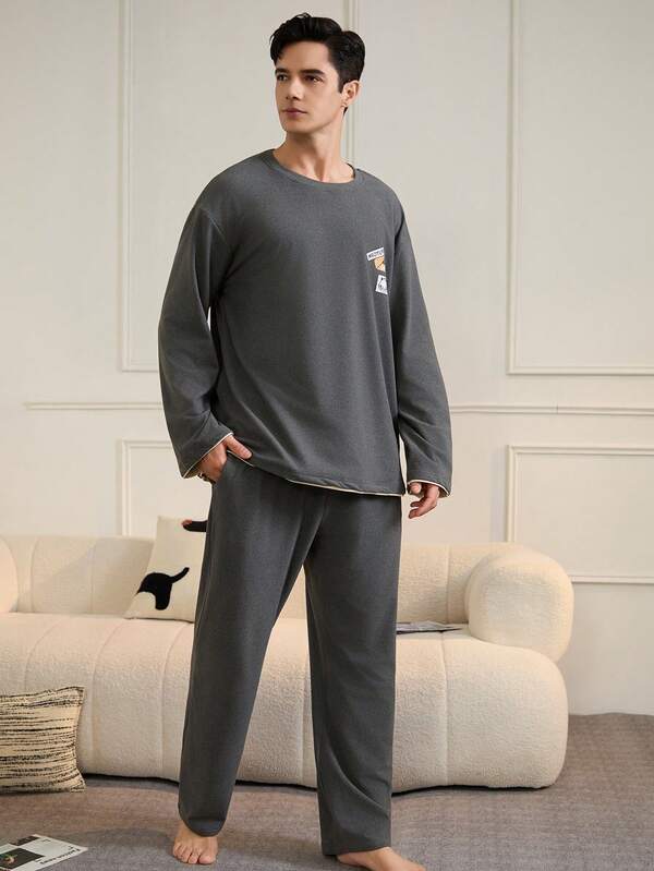 2pcs Men's Grey Fleece Sleepwear Set, Letter Print Slim Fit Crew Neck Homewear For Winter