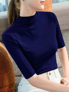 Women's Knit Blouse, High Neck, Plain Half Sleeve, Ribbed Fabric, Size S, M, L - Màu xanh lam - Xem 1