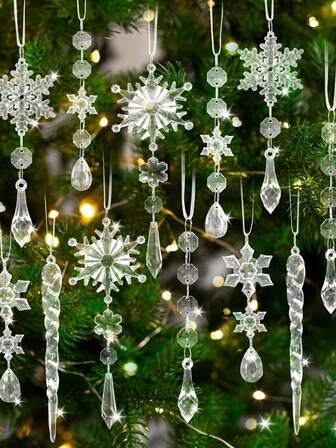 5pcs Christmas Tree Decoration Crystal Pendant - Classic Christmas Tree Decoration Set, Transparent Six-Petal Acrylic Snowflake Pendant, Suitable For Christmas, New Year, Seasonal Celebrations, Can Be Hung On The Christmas Tree As A Decoration Or In General Occasions