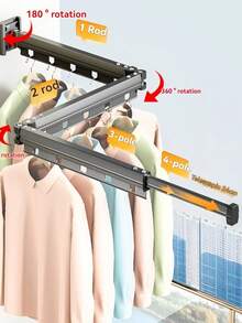 Tendedero de ropa montado en la pared, plegable y retráctil de 3 pliegues para almacenamiento en la lavandería - Multicolor - Ver 3