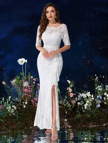 Đầm maxi ren toàn thân cổ chữ V, viền bèo nhún, thích hợp cho dạ hội, mùa thu, tiệc trang trọng, váy cưới trắng, váy cô dâu, cũng thích hợp cho sinh nhật, dạ hội, lễ tốt nghiệp, ngày lễ và các dịp khác. - trắng - Xem 6