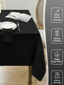 1pc Water-Repellent, Splash-Proof, Dirt-Resistant Thick Faux Linen Rectangular Tablecloth, Rustic Solid Color Coarse Linen, Tear-Resistant And Durable, Suitable For Dining Table, Kitchen, Cafe, Home Dinner, Catering, Patio, Wedding, Brunch, Farmhouse, Afternoon Tea, Party, Buffet, And More Occasions - Black - View 5
