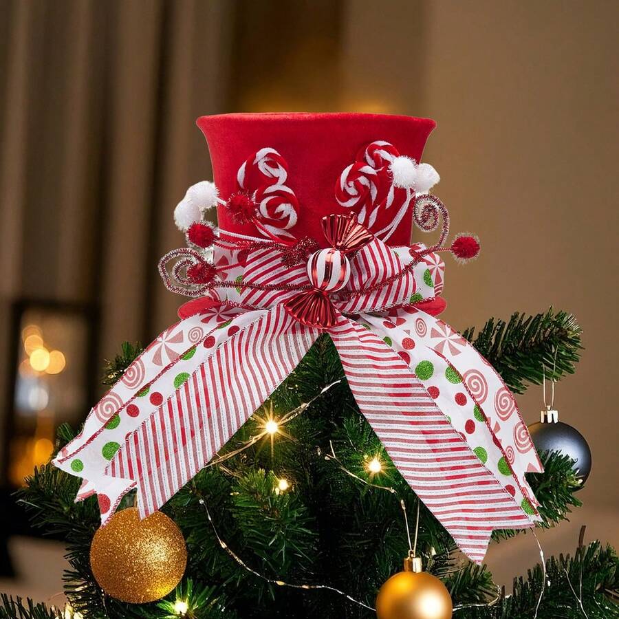 Christmas Tree Topper Hat, Christmas Tree Decorative Top Hat For Winter Holiday Tree Decor - Red - View 1