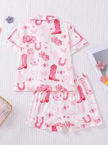 Bộ đồ ngủ 2 món kiểu miền Tây cho bé gái, áo sơ mi cổ bẻ thoải mái, tay ngắn và quần short, thích hợp cho mùa hè, in hình mũ cao bồi, xúc xắc, sao, bướm, phù hợp cho trẻ em và bé gái tuổi teen mặc thường ngày, ở nhà hoặc đi nghỉ mát. - Hồng - Xem 2