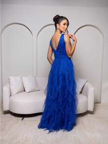 ELEGANT LONG WEDDING PARTY DRESS FOR GRADUATE BRIDESMAIDS WITH WATERFALL NECKLINE AND SKIRT - Xanh đậm - Xem 5