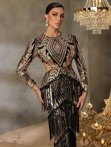 Faeriesty 女士优雅奢华亮片连衣裙，腰部镂空设计，饰有流苏，适合正式晚宴、婚礼和奢华夏季度假穿着。 - 銅色 - 查看 7