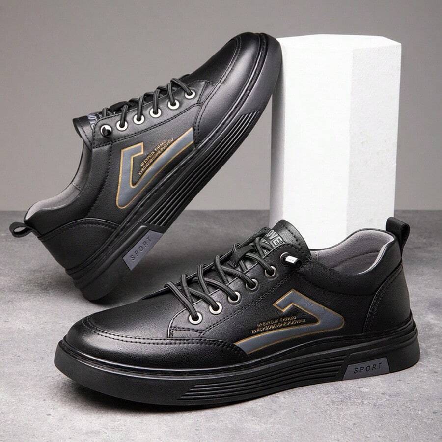 New Plus Men's Soft Soled Casual Board Shoes, Low Cut Lace Up Casual Walking Sneakers - 黑色 - 查看 1