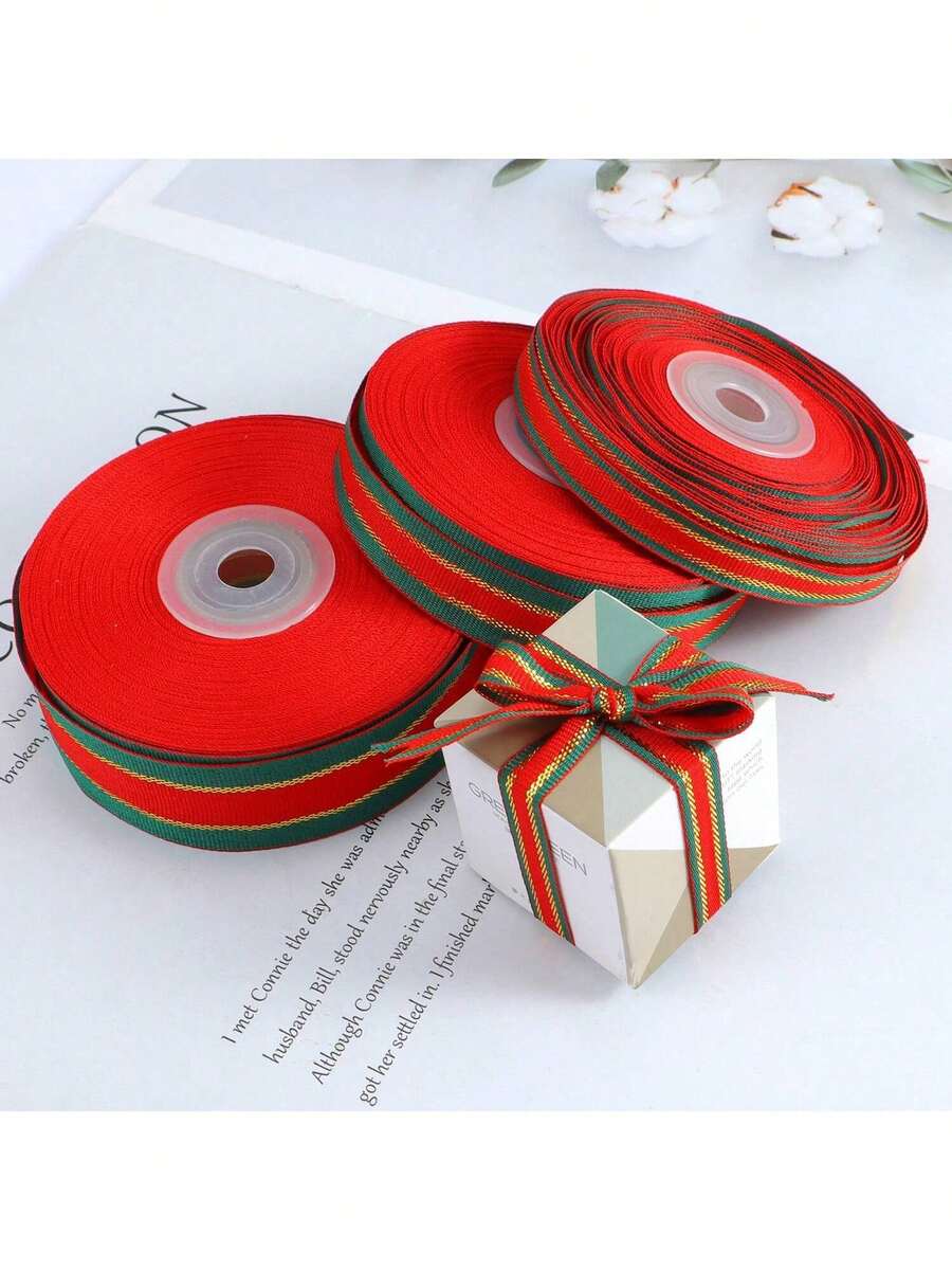 9 Meter/Rolle Weihnachts-Rot & Grün kariertes Satinband, goldgestreiftes Tricolor-Patchwork-Kantband, geeignet für DIY Weihnachtsbasteleien, Geschenkverpackung, Weihnachtskränze, Feiertags-Dekorationen - Verschiedenfarbig - Übersicht 1