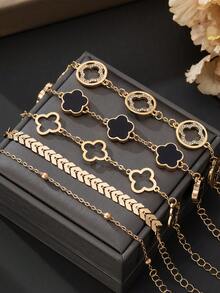5 件经典镂空水钻四叶草和五叶草飞机链手链套装，适合女士，百搭分层/混搭（无礼盒。由于手工切割，珠链数量随机但长度固定，不会影响最终佩戴效果） - 金黃色 - 查看 3