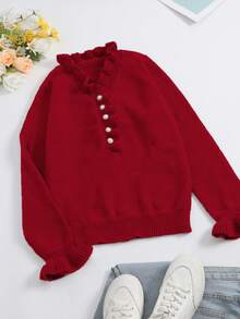 Women's Elegant Comfortable Solid Color Long Sleeve V-Neck Mushroom Button Sweater, Autumn/Winter - Red (new) - View 8