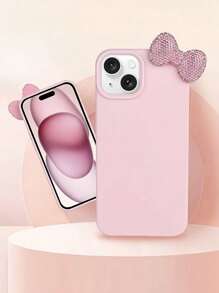 Premium Solid Pink Phone Case 2 Pieces Set (Case + Bowknot) | Exquisite Cover With Pink Sparkling Diamond Bowknot | Stylish Must-Have Accessory, Minimalist & Sweet Style | Perfect Gift For Friends & Besties On New Year, Valentine's Day & Birthdays | Shockproof, Anti-Slip & Scratch-Resistant | Compatible With IPhone 17/17 Pro/17 Pro Max - Pink - View 5