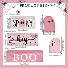 5Pcs Halloween Tiered Tray Decor Set Pink Small Ghost Wooden Blocks Table Decorations Signs