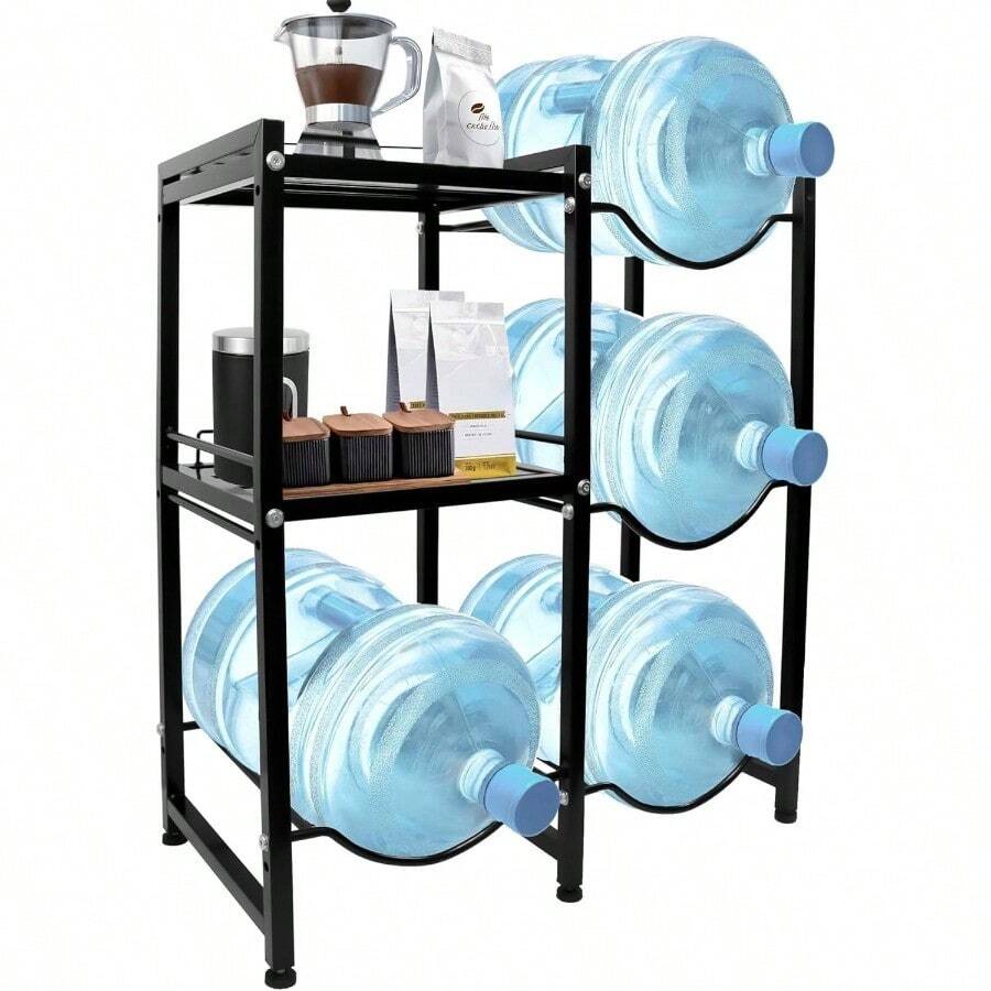 Soporte de estantería con estantes para 4 botellas de agua, organizador de acero duradero con 3 niveles con estantes de almacenamiento para vasos de cocina y oficina (negro) - Negro - Ver 1