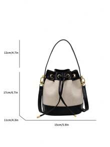 Women's Bucket Bag, Fashion Casual Straw Woven Shoulder Crossbody Bag, Drawstring Closure Mini Handbag - Black - View 2