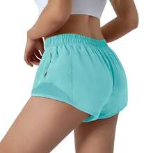 Shorts de running de tiro bajo para mujer de 6,35 cm: forro integrado, ligeros y de secado rápido con bolsillo de malla. - Azul hielo - Ver 3