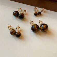 1 件 24K 金天然石风格虎眼石耳钉简约复古气质耳环耳饰 - 彩色 - 查看 3