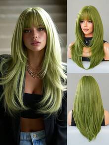 7JHH WIGS 24-Inch Long Layered Green Wig With Bangs, Made Of Soft Heat-Resistant Synthetic Fiber, Suitable For St. Patrick's Day Parties, Cosplay, Halloween, Music Festivals And Other Occasions - Grass Green - View 2