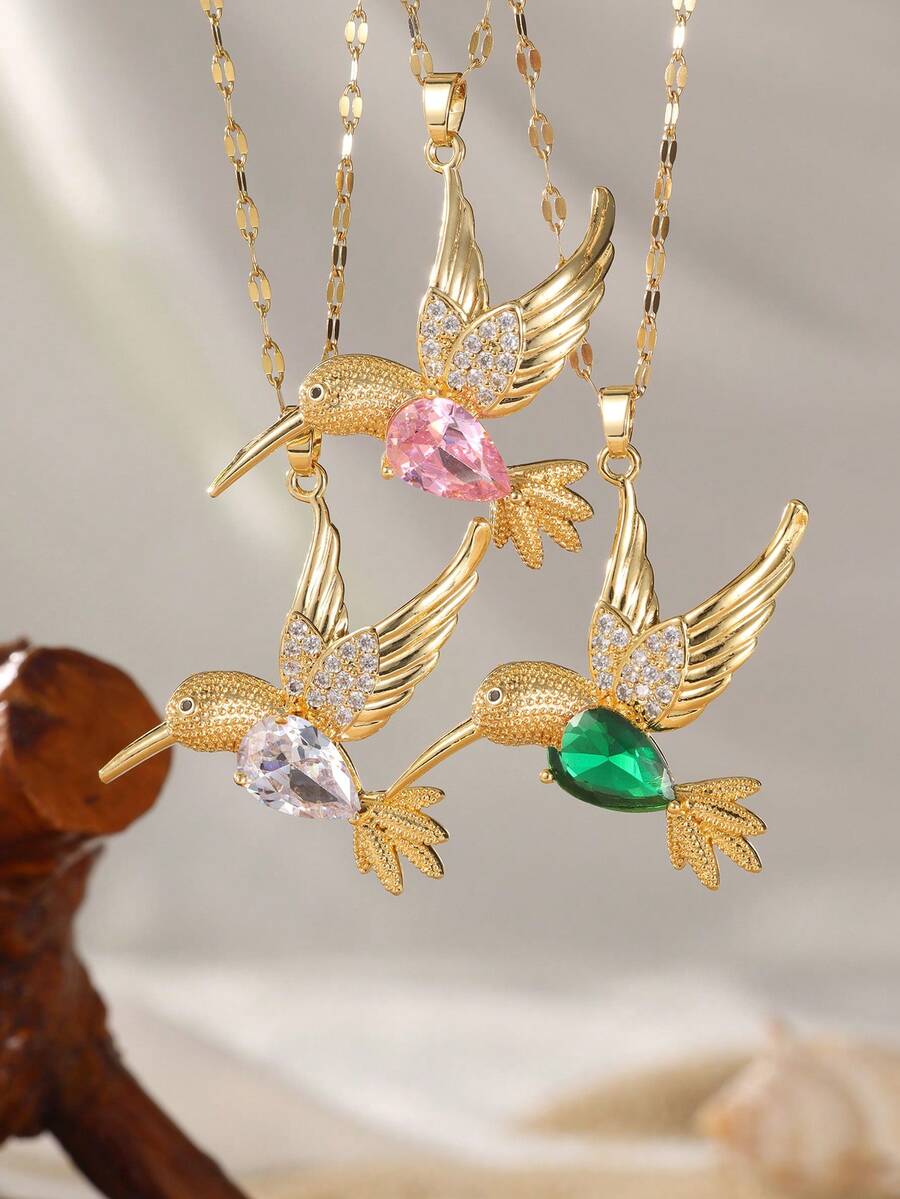 1pc Fashionable & Elegant Copper Material Handmade Cubic Zirconia Inlaid Gold-Plated Hummingbird Necklace, Women's Daily Commute Essential, Best Jewelry Gift For Friends