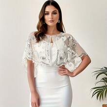 1 Stück Eleganter Vintage Damen Schal aus den 1920ern mit Pailletten, Pailletten- & Perlen-besetzter Retro Kurzblazer, bestickter Spitzenrand Schalkragen, Streetstyle Outfit, Pailletten Top für Nachtclubs, Bühnenkostüm, modisches Party- & Abendkleid Accessoire