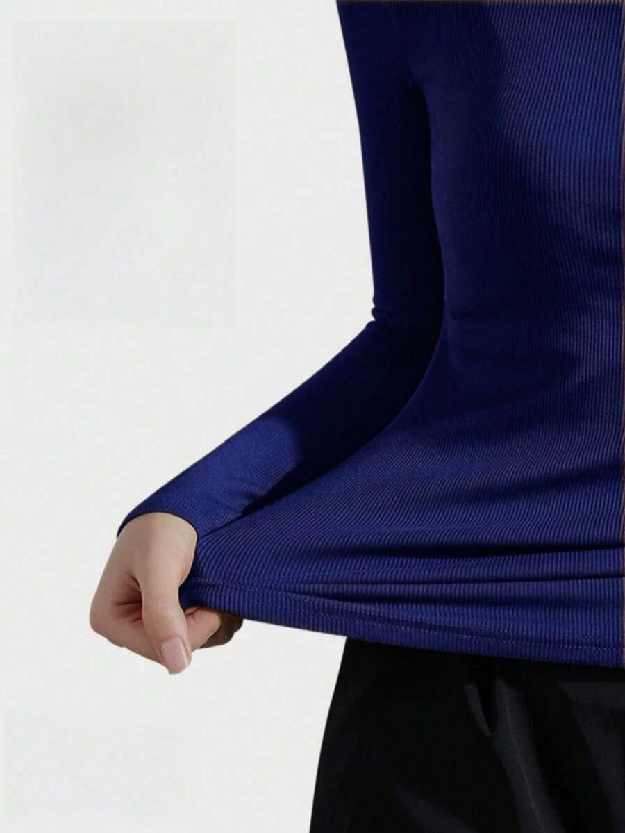 WOMEN'S HIGH NECK KNITTED BLOUSE WITH SIMPLE HALF SLEEVE, RIB FABRIC S M L - 藏蓝色 - 查看 1