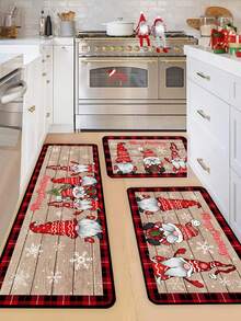 1 pezzo Zerbino decorativo natalizio da 16"X24" / 20"X31" / 16"X47", con motivo di gnomi natalizi, sfondo in legno, bordo classico a quadri rosso e nero, adatto per decorazioni natalizie e invernali, zerbino per l'ingresso di Natale