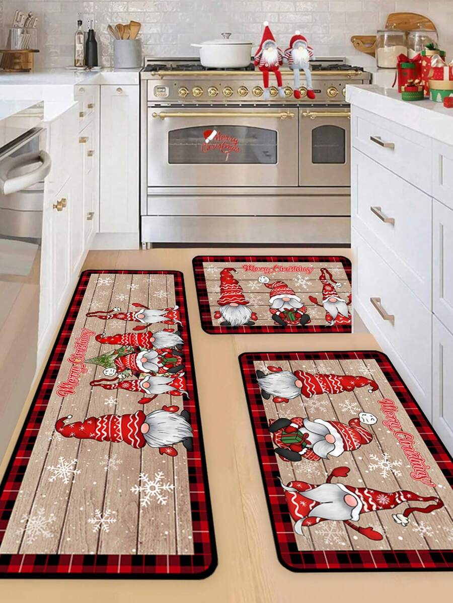 1 pezzo Zerbino decorativo natalizio da 16"X24" / 20"X31" / 16"X47", con motivo di gnomi natalizi, sfondo in legno, bordo classico a quadri rosso e nero, adatto per decorazioni natalizie e invernali, zerbino per l'ingresso di Natale