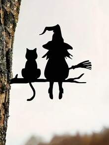 1 件迷人的女巫和猫花园装饰 - 耐用的铁艺庭院艺术与飞天扫帚，非常适合万圣节、草坪、花园、露台户外空间、树桩插入物、户外花园装饰|恐怖主题装饰|女巫装饰 - 彩色 - 查看 9