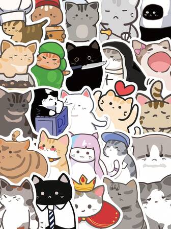 55 件卡通可爱猫咪贴纸，适用于手机、行李箱、剪贴簿、吉他、滑板、笔记本电脑、自行车头盔、杂志 DIY 装饰贴纸 节日礼物