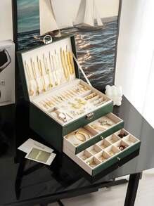 1pc Large Multi-Tier Jewelry Box With Lock, Double Drawer Jewelry Organizer, Multi-Functional Storage Box For Necklace, Rings, Earrings, Watches