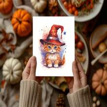 1 Stück süßer Halloween Zauber, orange getigerte Katze Hexe. Herbst Faltpostkarten mit farbigen Umschlägen, innen leer. Geschenke für sie, Freunde, Katzenliebhaber, 5*7 Zoll - mit dicken Umschlägen