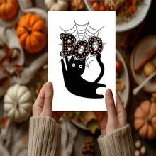 1 Stück Halloween Karte für Katzenliebhaber, süße Katzen Grußkarte, Halloween schwarze Katze Spinnennetz Buh Zuhause Herbst Karte, 5*7 Zoll - mit dickem Umschlag