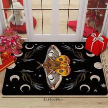 1Pc Butterfly And Moon Print Pattern Mysterious Black Doormat, Plants Pattern Rectangle Quick-Drying Absorbent Polyester Carpet, Suitable For Indoor Outdoor Floor Home Bedroom Bathroom Kitchen And Dining Room Decoration, For Birthday Party Gifts Festival Holiday Courtyard Decor